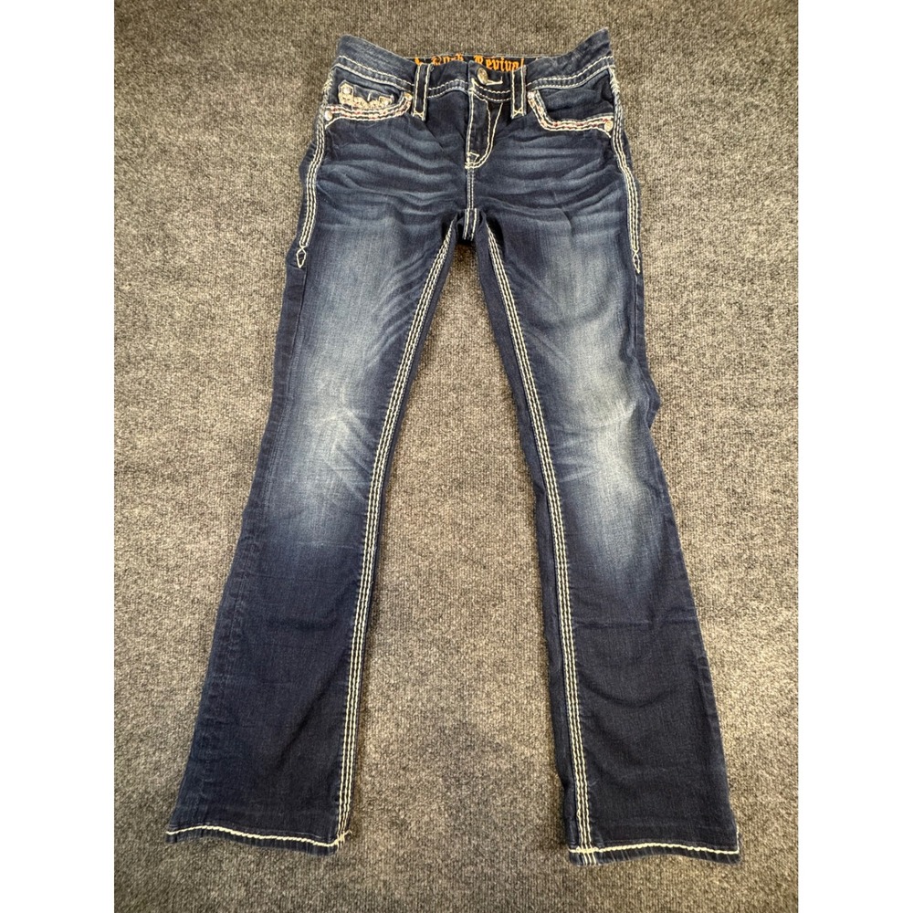 Rock Revival Urban Red Mid-Rise Bootcut Jeans Dark Wash Rhinestone Size 26